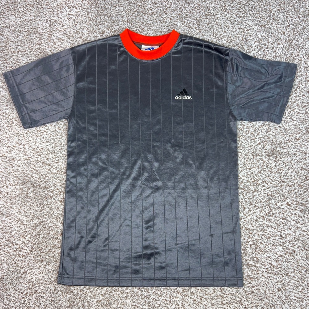Vintage Adidas Shirt Mens Small Gray Orange Pinstripe Athletic Soccer Jersey Top